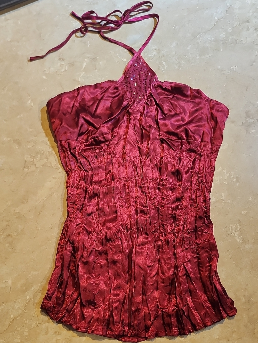 One Step Up Raspberry Crinkle Satin Halter Top S